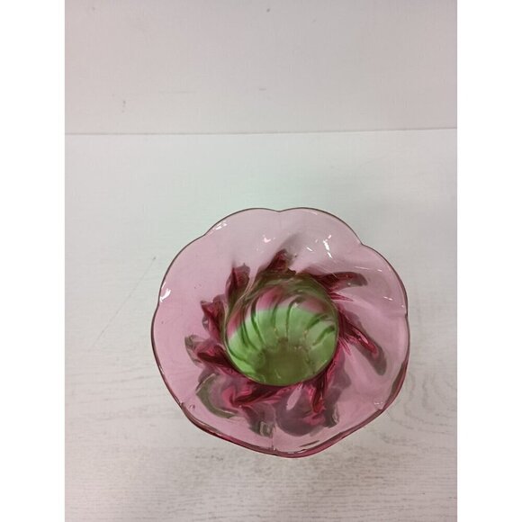 VTG Watermelon Twist Pink Green Art Glass Hand Blown Murano Style Vase 7.5" - Picture 6 of 10